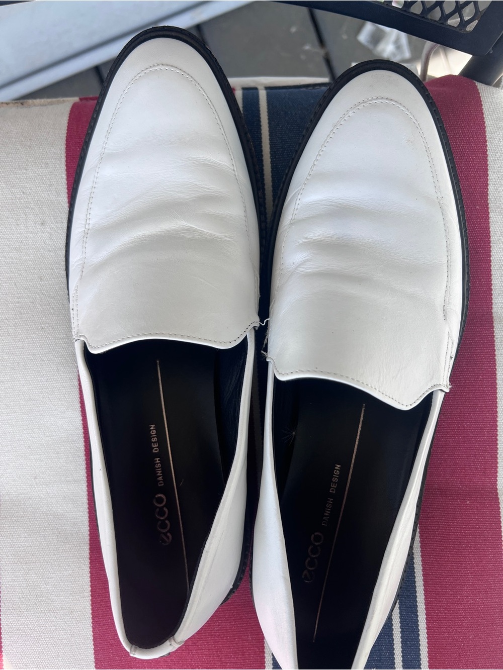 Ecco White Leather Women's Slip-On Loafers with Black Soles